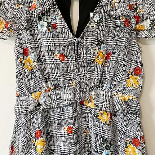 Bailey Blue NWT Floral Print Plaid Ruffle Short Sleeve Dress Black/White Large - Picture 3 of 11
