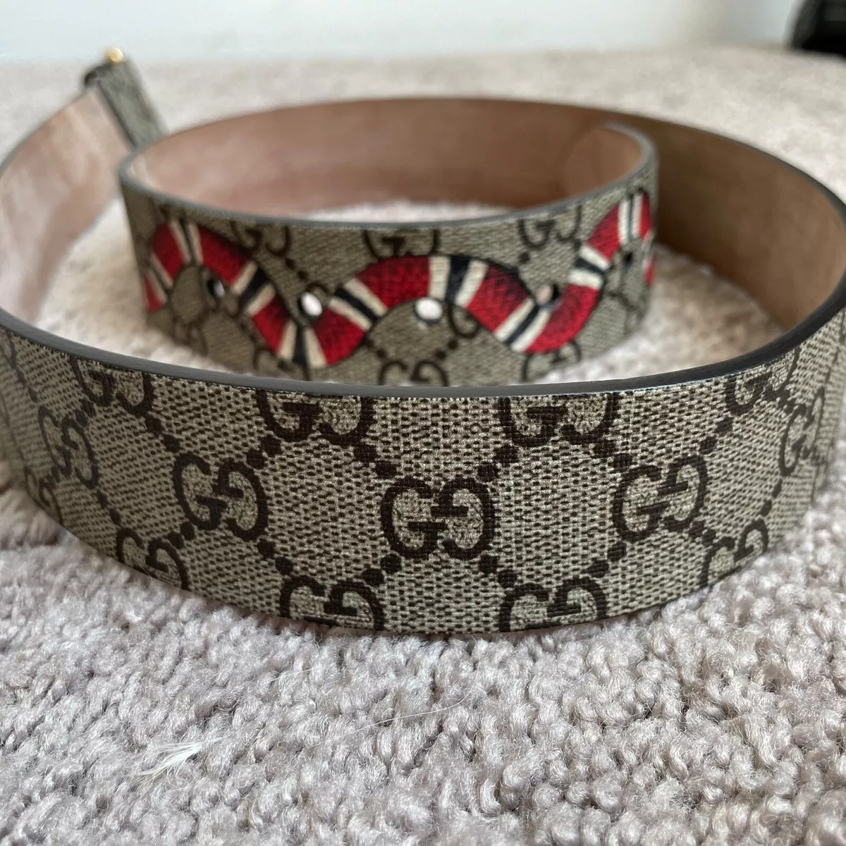 Gucci GG Supreme Belt Kingsnake Snake Print Beige Brown Red Gold Men's 90 36