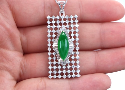 GIA 14K White Gold Natural Green Marquis Imperial Jade Jadeite Diamond Set - 第 10/15 張圖片