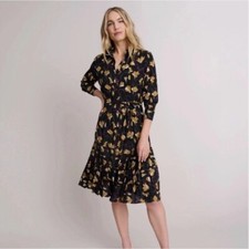 UNTUCKit Janice Floral Print Pleated Shirt Dress Midi Long Sleeve Black Sz 14