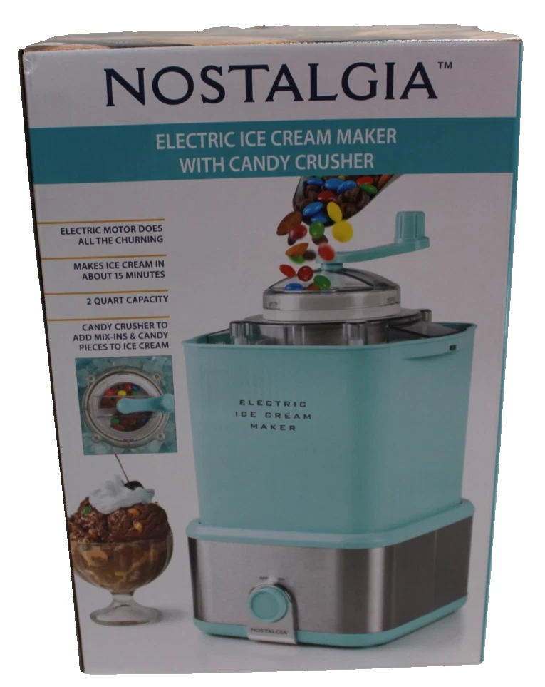 Nostalgia 2 Quart Electric Ice Cream Maker With Candy Crusher Aqua Blue NIB
Opens in a new window or