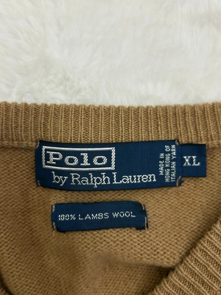 Suéter Vintage Polo Ralph Lauren Para Hombre XL Mezcla Lana de Cordero Cuello en V Pullover Tostado Foto 3 de 4