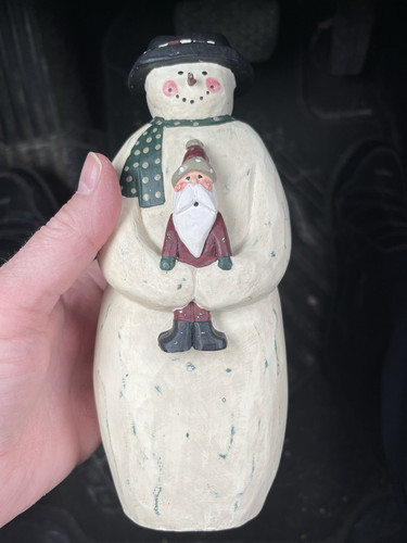 Midwest of Cannon Falls Rustic Primitive Snowman Holding Santa Figurine 7.5" - Picture 1 of 8