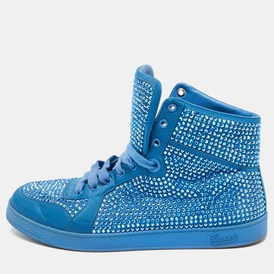 Gucci Blue Satin Coda Crystal Embellished High Top Sneakers Size