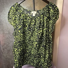 LOFT Short Sleeve Scoop Neck Black Green Abstract Unique Blouse | Large