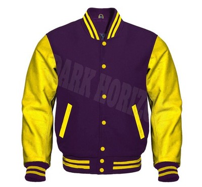 Varsity Letterman Purple&Yellow Cowhide Leather Bomber College Baseball  Jacket