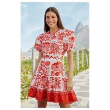 FARM RIO Tiles Puff Sleeve Open Back Mini Dress