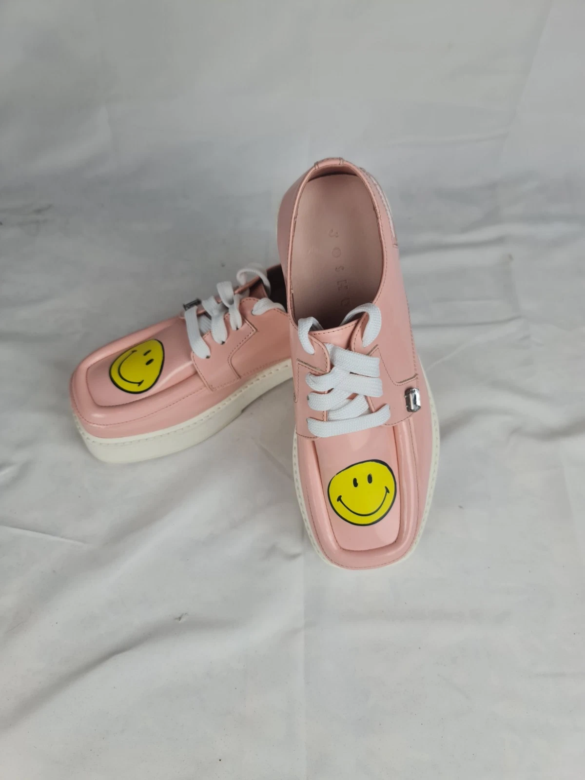 New Joshua Sanders Smiley Face Pink Patent Leather Italy Platform Loafer Shoes