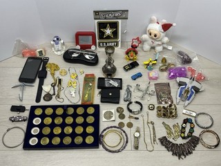 Vintage Junk Drawer Lot Coins Jewelry Charms Toys Bracelets Watches