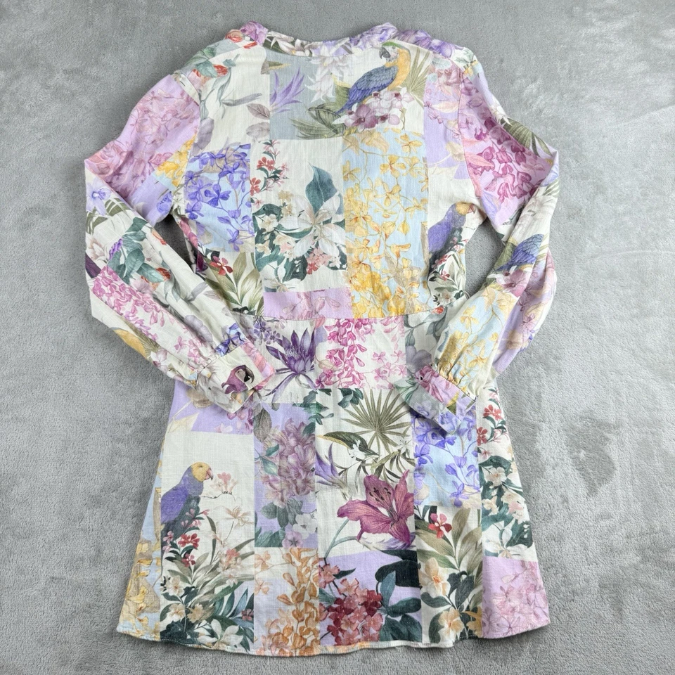 Vestido Zara Mujer Pequeño Crema Púrpura Floral Loro Mezcla de Lino Caprichoso Femenino Foto 2 de 4