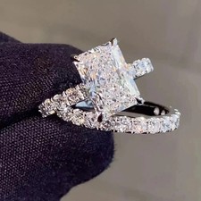 4 TCW Radiant Cut Moissanite Bridal Set Engagement Ring 14K White Gold Plated