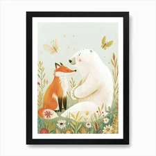 Polar Bear And A Fox Storybook Illu Framed Wall Art Poster Canvas Print Picture