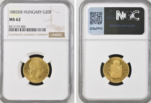 HUNGARY , FRANZ JOSEPH I GOLD 8 FORINT  20 FRANCS 1882 KB - NGC MS 62 , RARE5