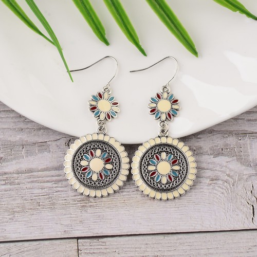 Vintage Women Round Colourful Flower Ear Hook Drop Handcrafted Earrings Jewelry - Picture 12 of 42