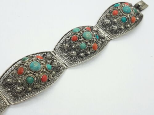 Vintage Chinese Sterling Silver Turquoise Coral B… - image 1