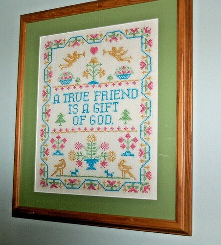 Framed matted w glass Embroidery Cross Stitch Needle Point - colorful FRIEND - Picture 7 of 8