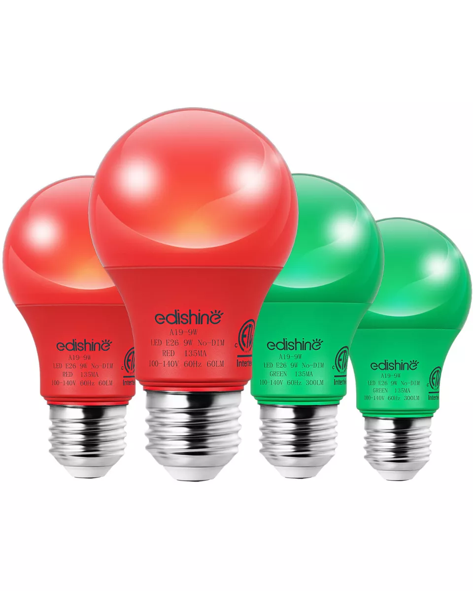 EDISHINE 4 Pack Red Green Light Bulb 9W A19 LED Led Light Bulb E26 Medium Base