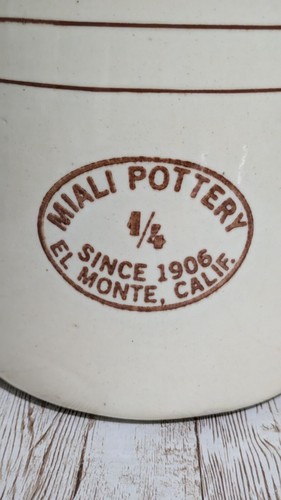 Rare Vintage Miali Pottery "Crock & Lid" El Monte Calif 1/4 Gallon Brown Stripe - Picture 2 of 9
