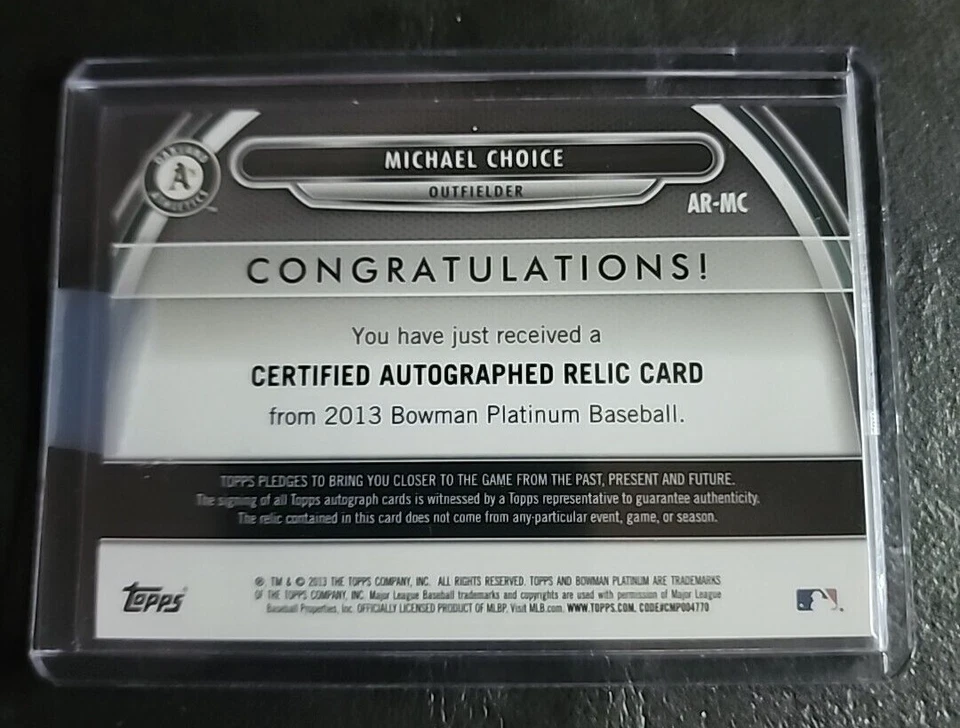 Michael Choice 2013 Bowman Platinum Auto Athletics  - Image 2 of 2