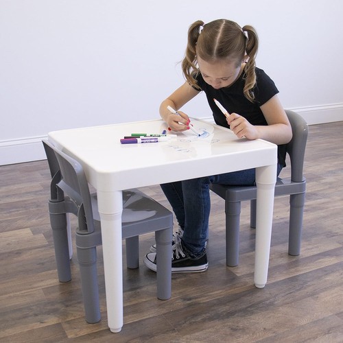 Dry Erase Plastic Table and 2 Set,White Table&Grey Chairs,20 x20 x 17inches - Picture 3 of 8