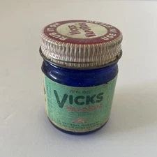 VINTAGE Empty VICKS VAPORUB 1 .5 OZ Blue GLASS BOTTLE