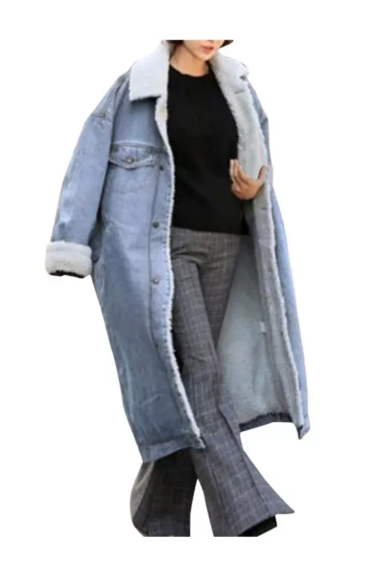 Maxi Abrigo Jean Largo Forrado de Vellón Sherpa De Colección Talla M
