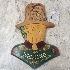 Vtg Wood Scarecrow Welcome Sign Hand Painted In Mexico Primitive Farmhouse Decor