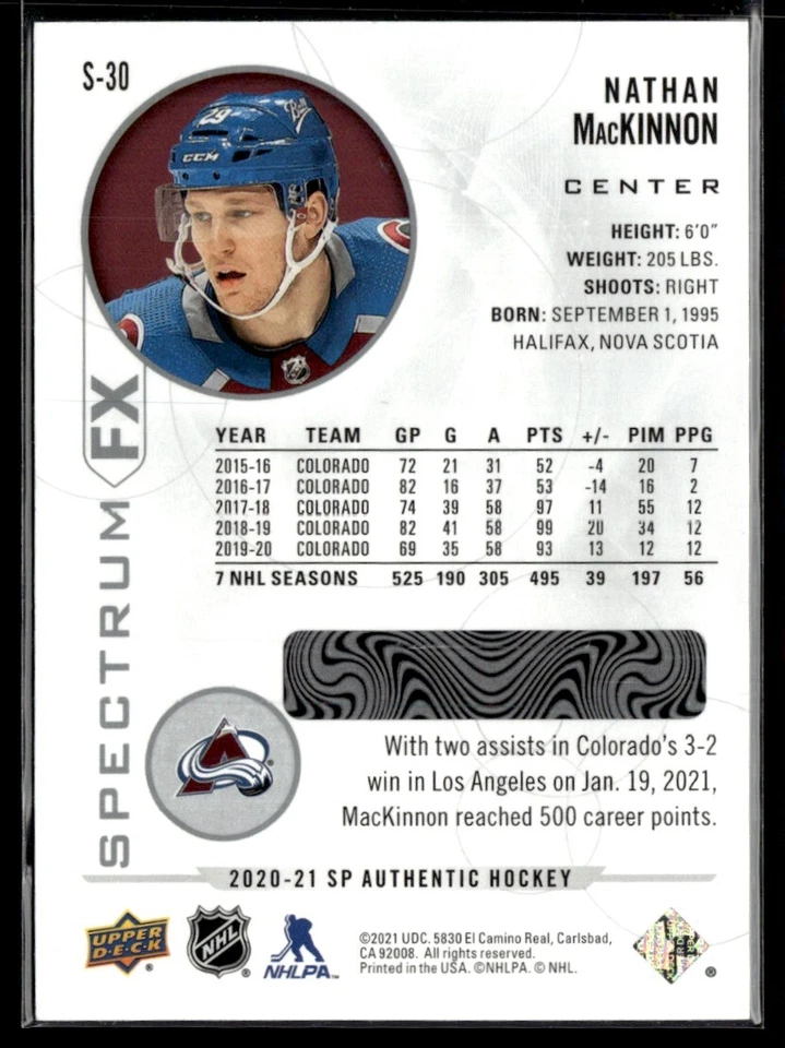 2020-21 SP Authentic Spectrum FX unscratched Nathan MacKinnon #S-30 H7R1K - Image 2 of 2