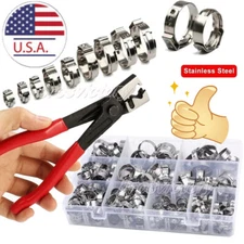 130/100Pcs 304 Stainless Steel Single Ear Stepless Hose Clamps Plier Assortment