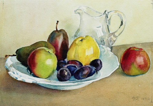 Paul Fischer 1873-1970: Stilleben Obst Äpfel Pflaumen und Glaskaraffe Aquarell - Bild 3 von 6