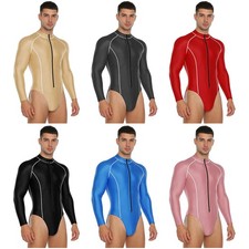 UK Men's Glossy Bodysuit Long Sleeve Front Zipper Leotard Rash Guard Swimwear
