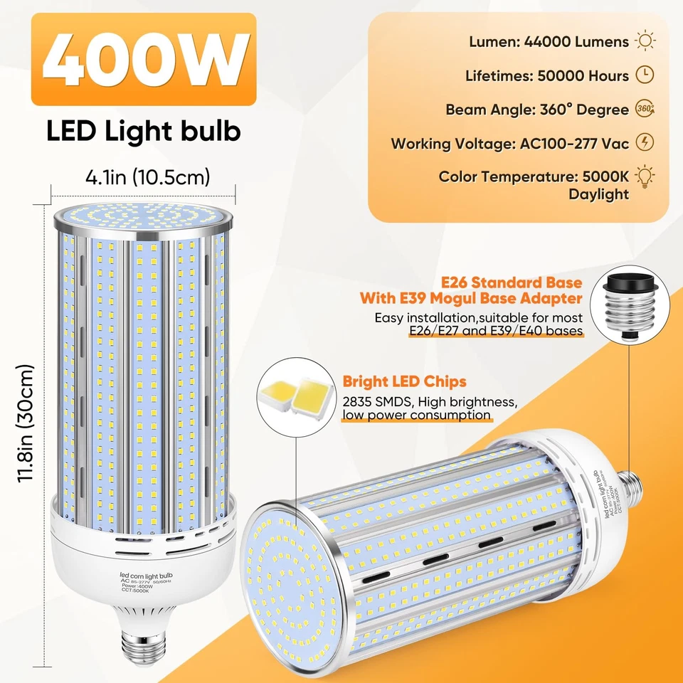 2 Pack 400W Corn LED Light Bulb Fanless,5000K Daylight(Eqv.1,200w Mh/Hps/Hid)... - Image 3 of 4