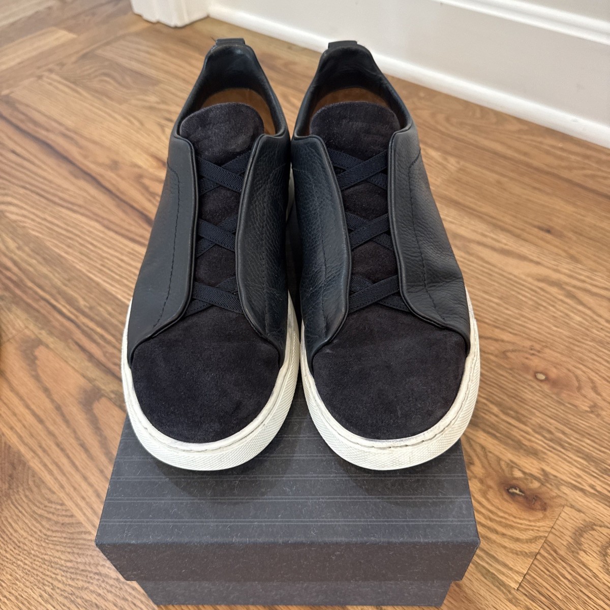 Zegna Triple Stitch Sneakers Navy Blue Calf Suede Mens US 11 EU 44 