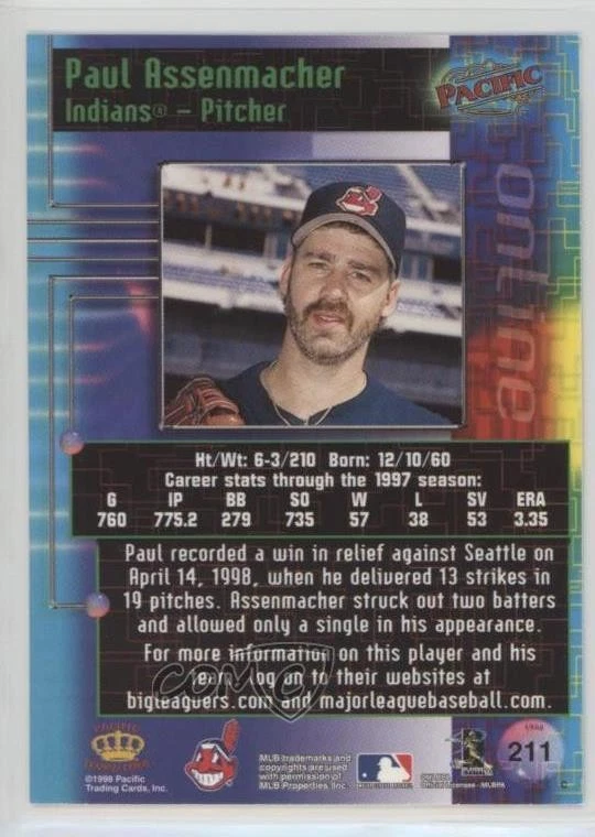 1998 Pacific Online Red Paul Assenmacher #211 - Image 2 of 2