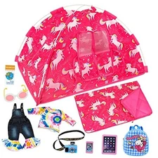  9 Items American 18 inch Girl Unicorn Dolls Camping Tent Set and Accessories 