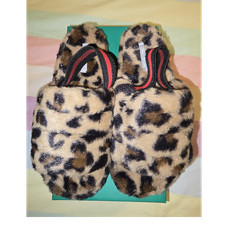 Lauren Lorraine Plush Leopard Faux Fur Women's Slippers 9M Striped Elastic