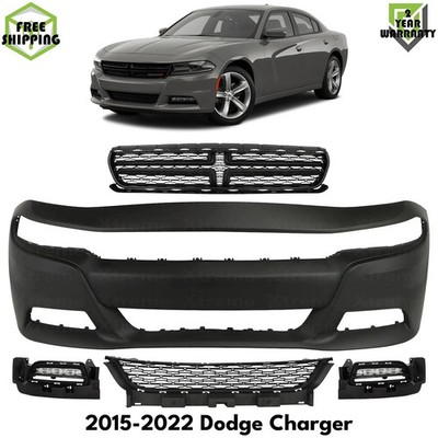 Front Bumper Cover Primed Plastic & Fog Lights Kit For 2015-2022 Dodge Charger