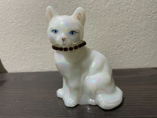 Vintage Fenton White Iridescent Opalescent Hand Painted Cat Figurine Red Collar