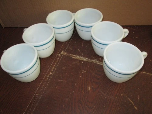 Lot 5 Anchor Hocking #910 Teal Blue Stripe Milk Glass Cup & 1 PYREX Blue Stripe