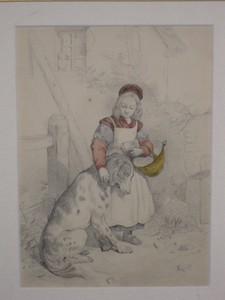 Details About Antique Victorian Artwork Pencil Sketch Drawing Victorian Child Girl With Dog