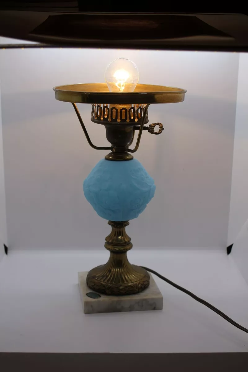 Vintage Fenton Blue Satin Glass Poppy Pattern Hurricane Lamp NO SHADE
