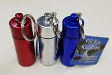 Key Chain Aluminum Travel Pill Cases, 2.75" 3 pack, assorted colors.