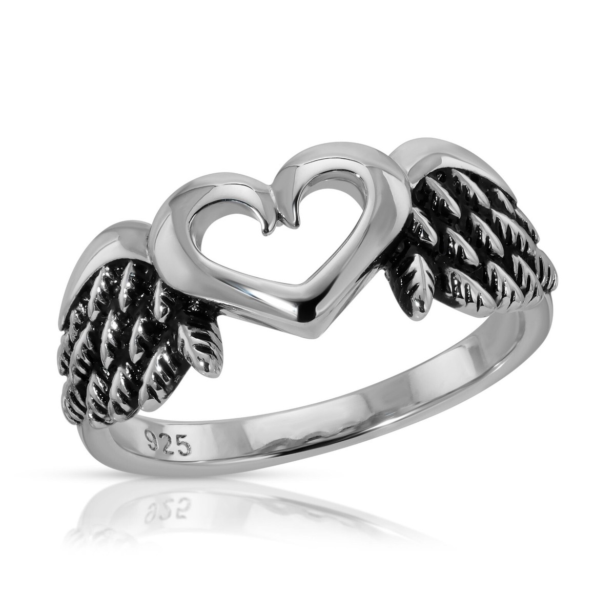 Sterling Silver 925 Heart with Wings Ring Open Heart Ring