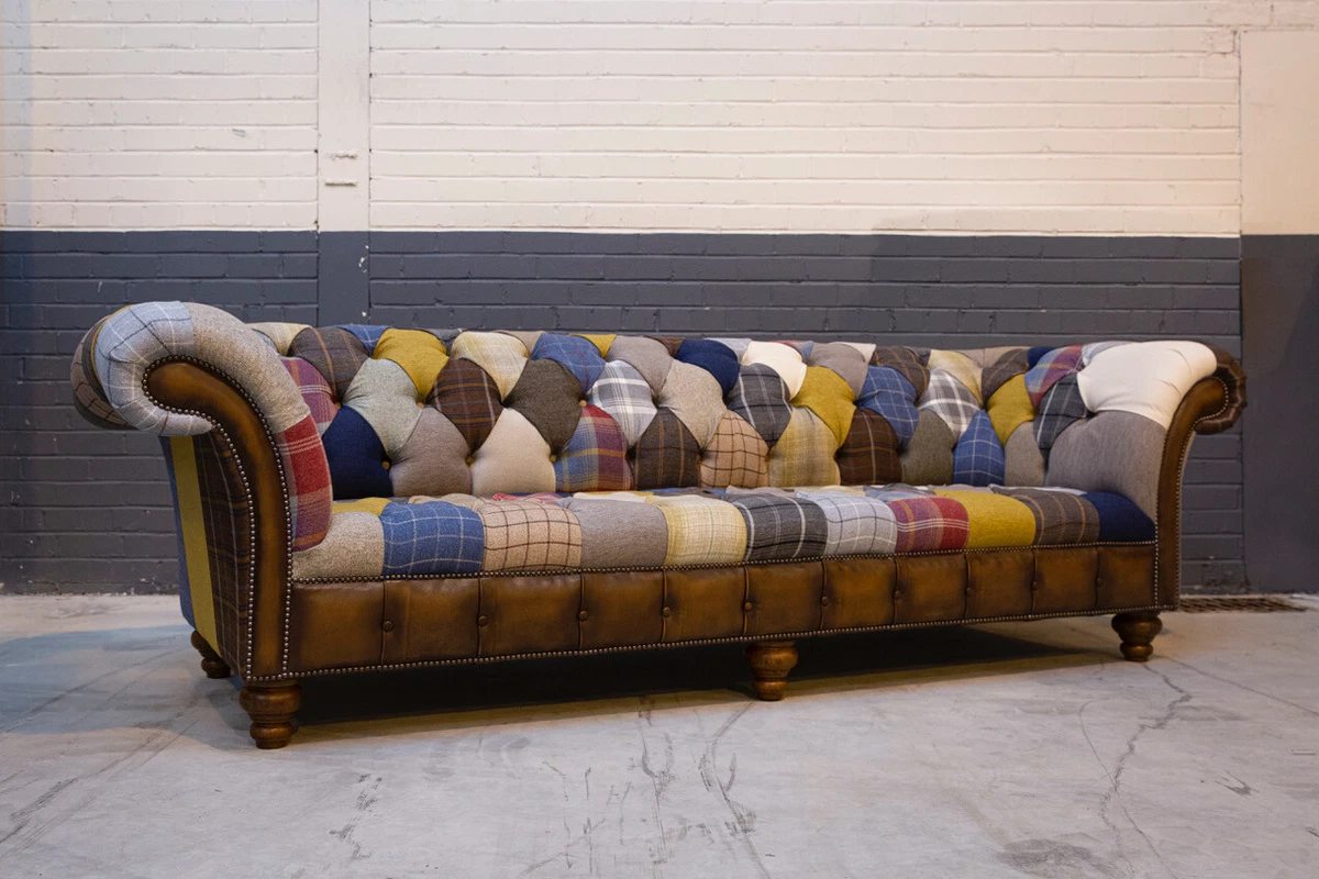 HANDMADE LARGE 4 SEATER MULTI COLOUR WOOL LEATHER PATCHWORK CHESTERFIELD SOFA