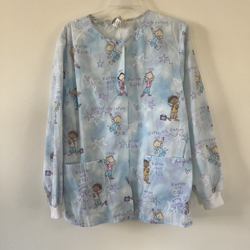 Simply Basic Blue Angel Long Sleeve Scrub Top Snap Front 2 Pockets - Picture 2 of 9