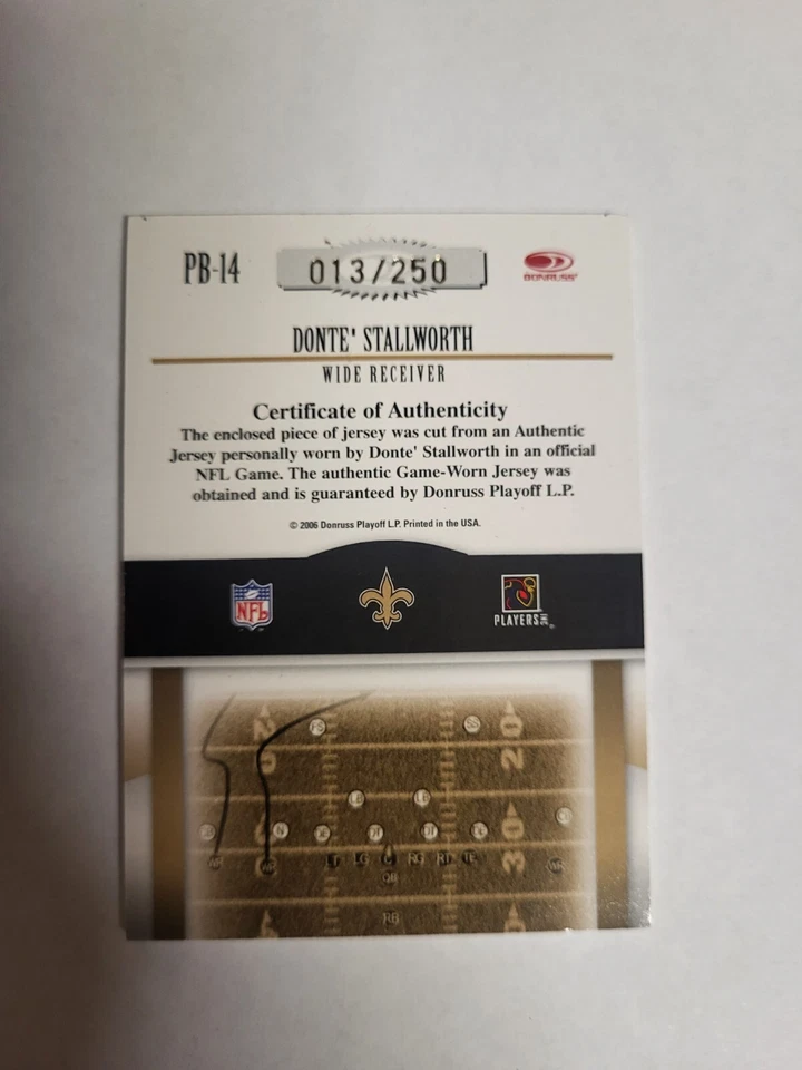 Donte Stallworth 2006 Donruss Gridiron Gear Playbook Jsy O's /250 Card# PB-14 - Image 2 of 2