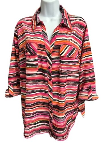 Coral Bay Woman 1X Top Fancy Pink Orange Striped Button Up 3/4 Roll Tab Sleeves