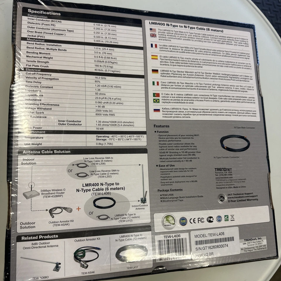 New In Box Trendnet LMR400 N-type to N-type Cable 6 Meters Free Shipping!!!! - Image 2 of 3