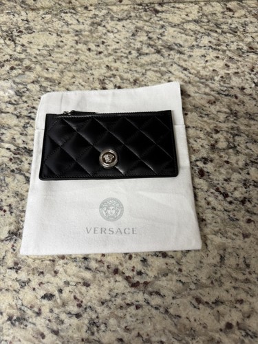 Versace Medusa Head Quilted Black Leather Zipper Card Wallet 1013357 NWT $350