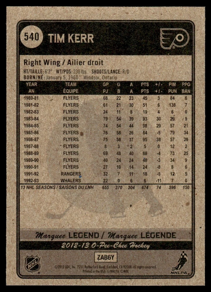 2012-13 O-Pee-Chee Red Tim Kerr Philadelphia Flyers #540 - Image 2 of 2